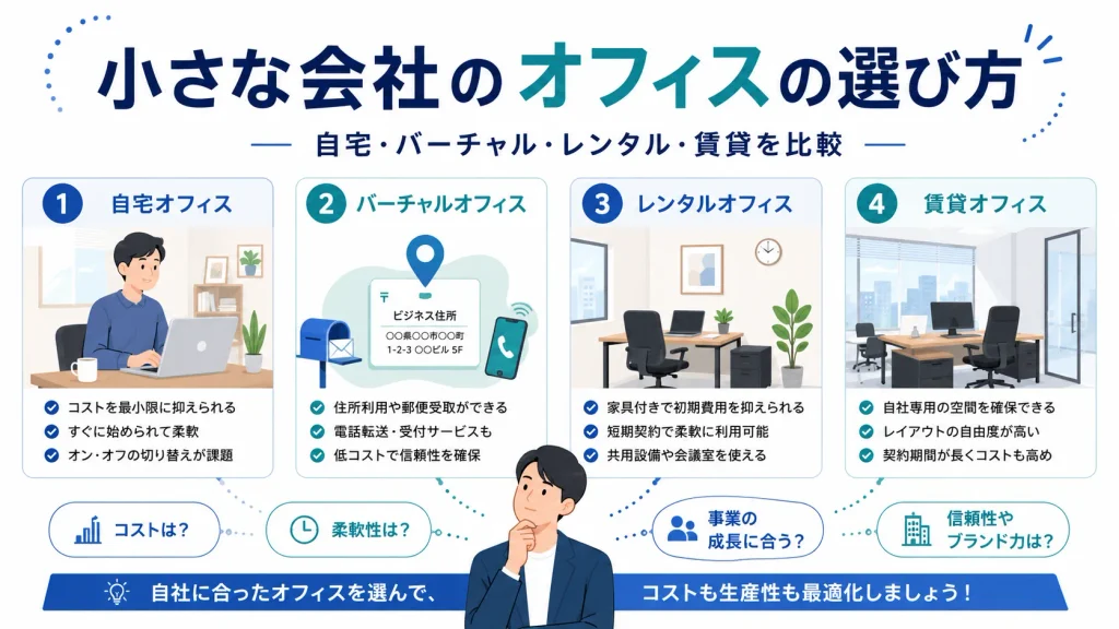 小さな会社のオフィスの選び方｜自宅・バーチャル・レンタル・賃貸を比較